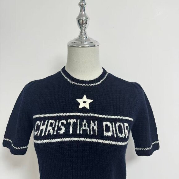 Christian Dior Short-Sleeved Sweater Navy Blue Cashmere and Wool Knit - Picture 3 of 10